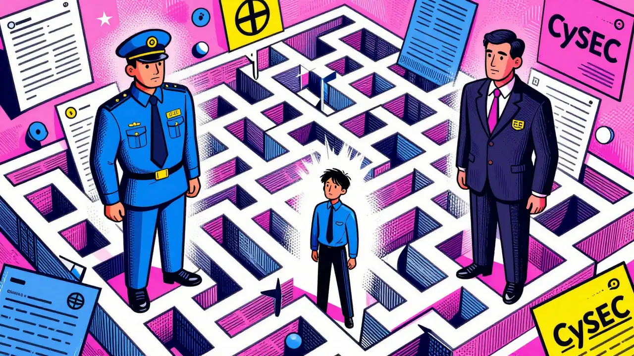 Retro-style art of a crypto founder trapped in a regulatory maze