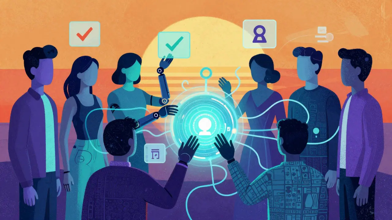 Retro-style art showing figures interacting with a decentralized digital core