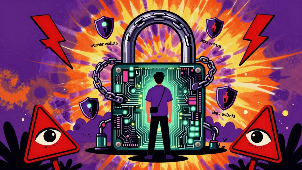 Retro-style illustration of a user securing their digital wallet against scams