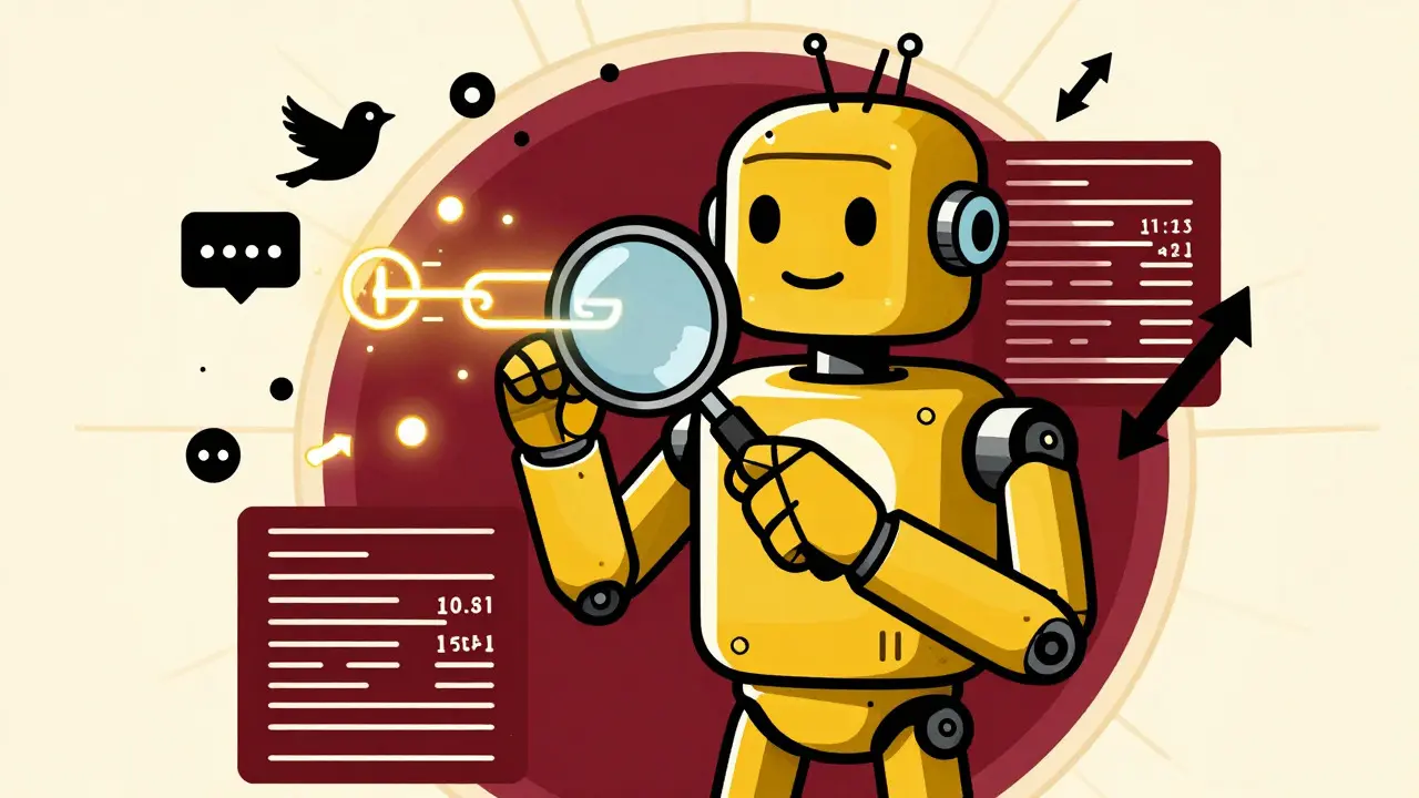 Robot analyzing blockchain data and social media signals in retro style