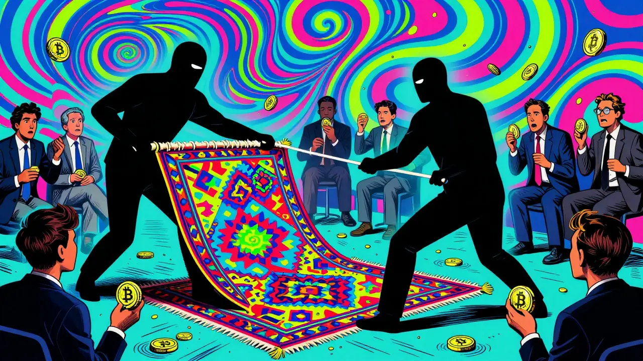 Shadowy figure pulling rug from investors in vibrant Wes Wilson illustration