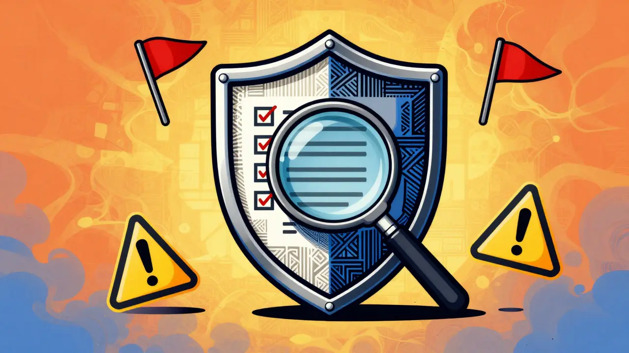 Shield protecting digital wallet from red flags in Wes Wilson style