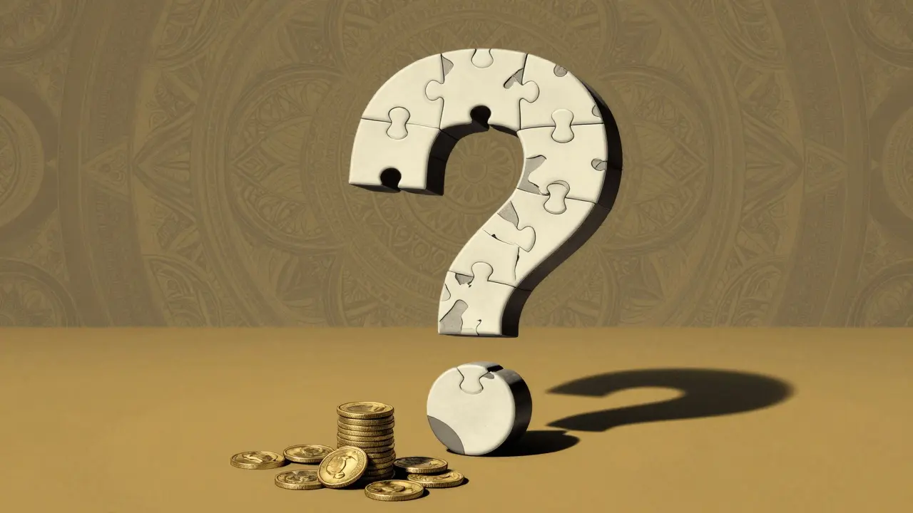 Skeptical financial risk symbol with puzzle pieces in Wes Wilson style