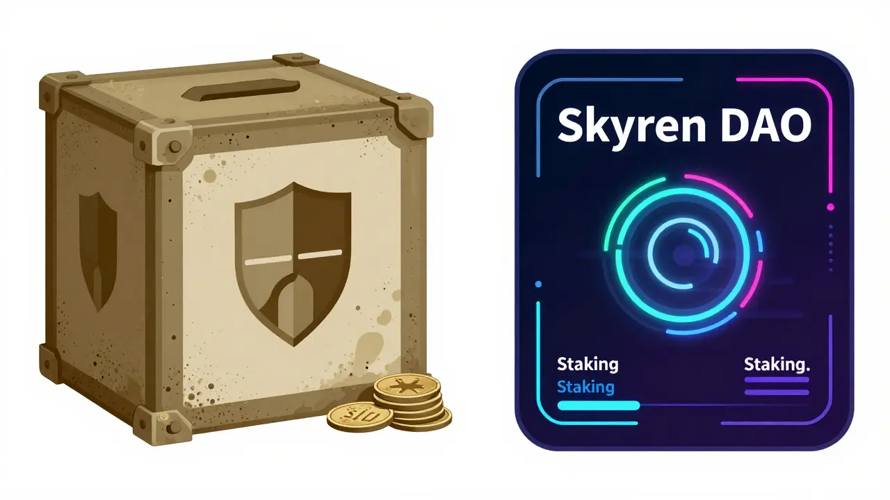 Split view contrasting abandoned crypto relic with modern AI platform