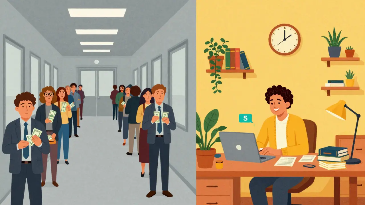 Split view contrasting slow banks with fast crypto payments for Pakistani workers.