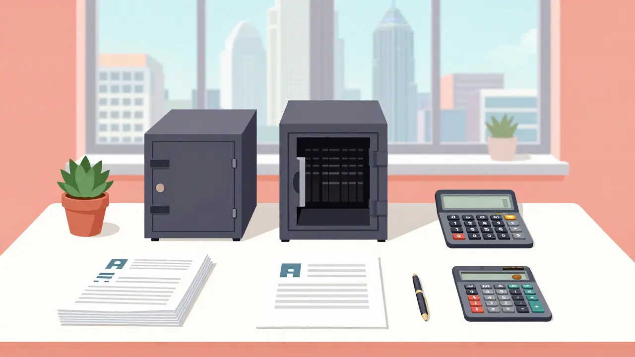 Stylized desk scene showing documents and a vault representing crypto licensing compliance