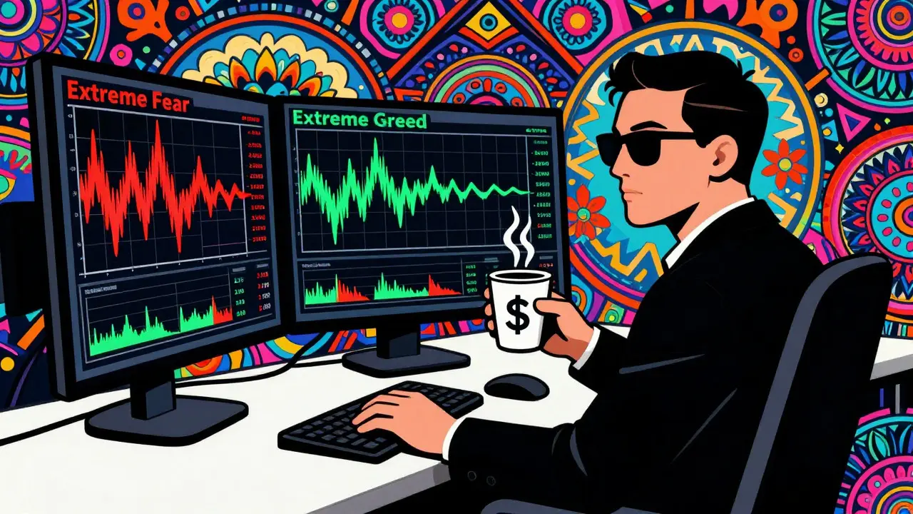Trader monitoring sentiment gauges and charts in psychedelic art style