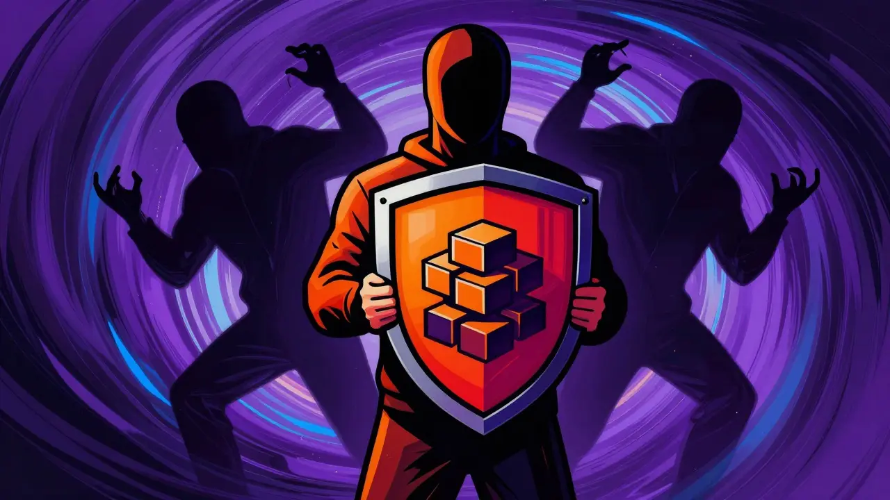 User holding a blockchain shield against shadowy scammer figures