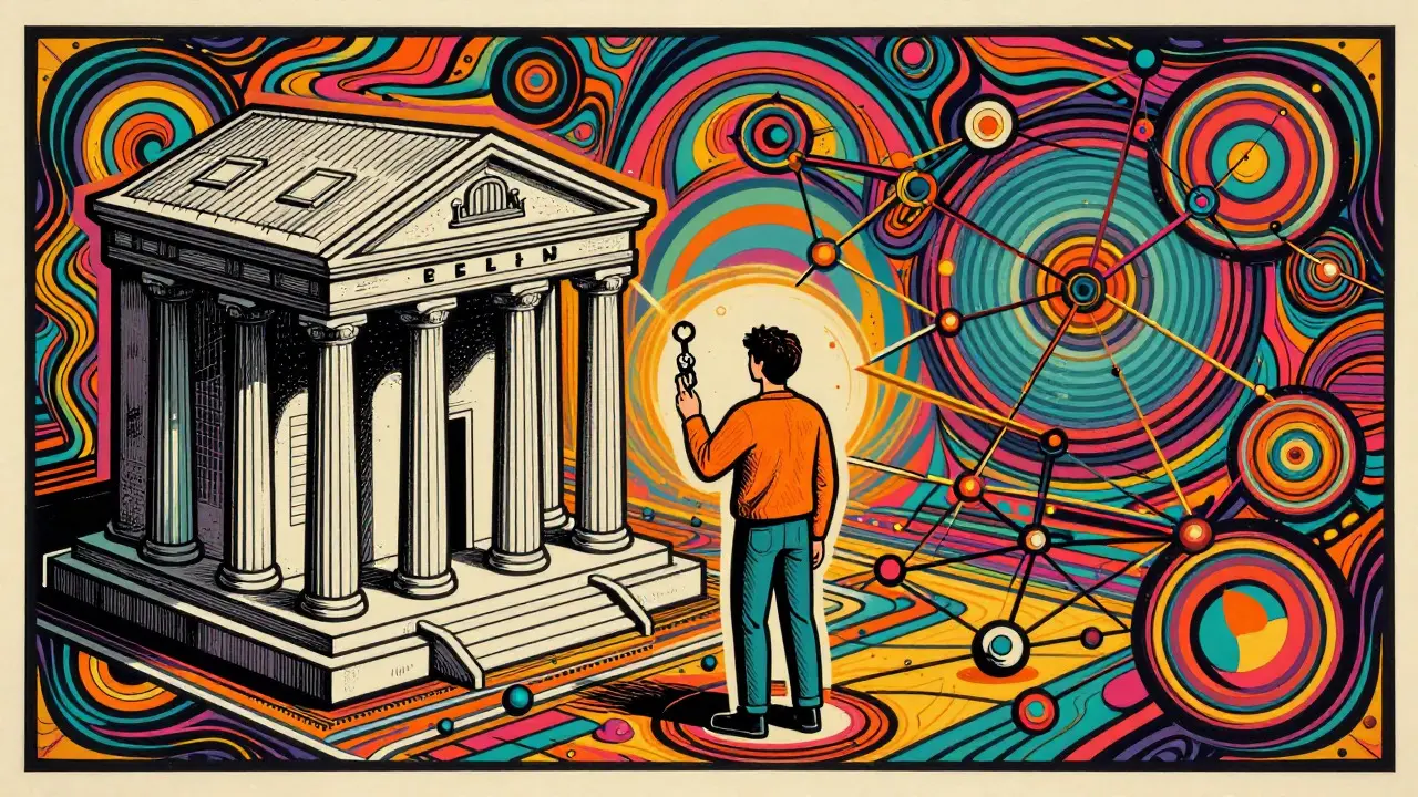 User navigating a decentralized network with keys, in a retro 60s illustration style.