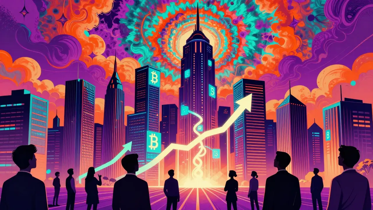 Vibrant art of a digital blockchain city with rising market trends