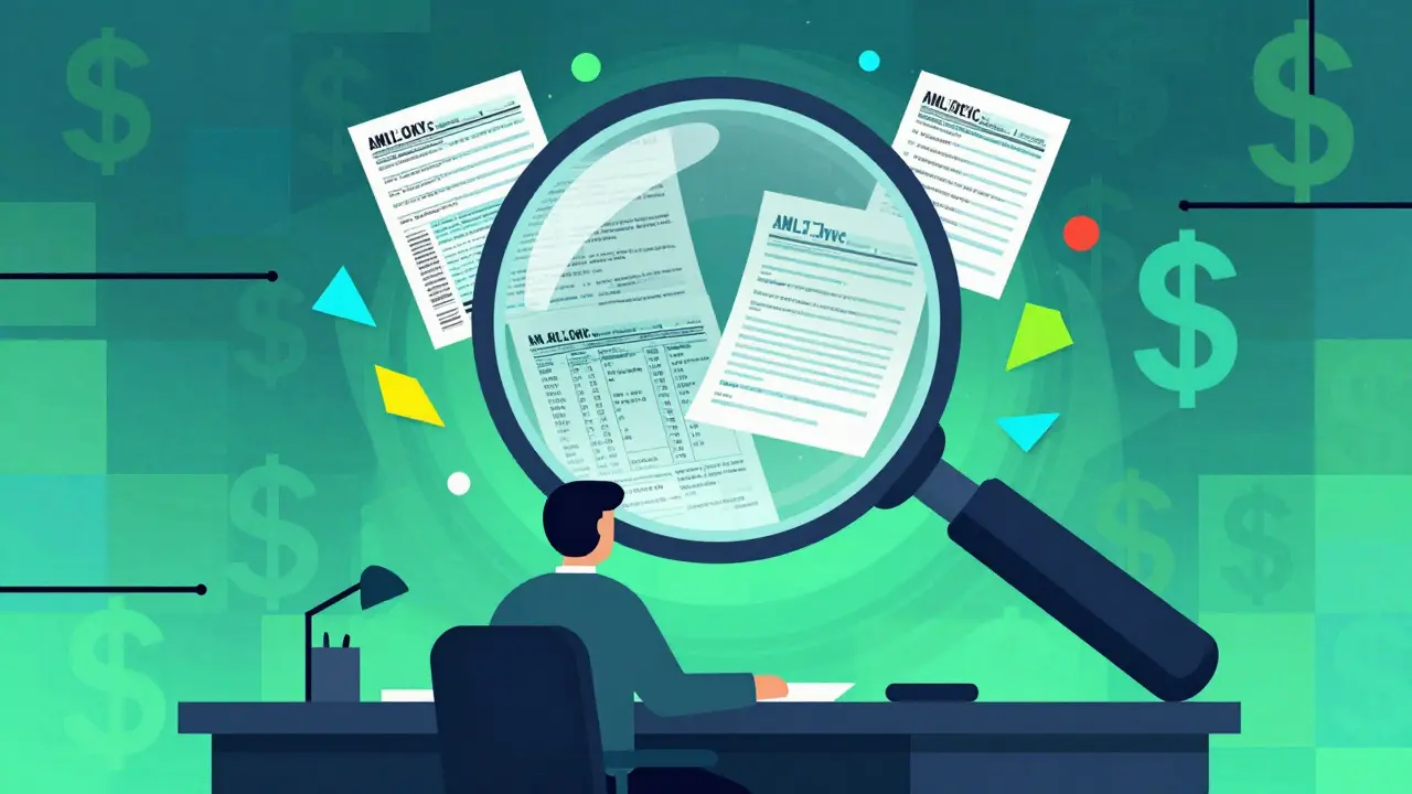 Vibrant art showing a person analyzing crypto transactions and taxes under a magnifying glass.