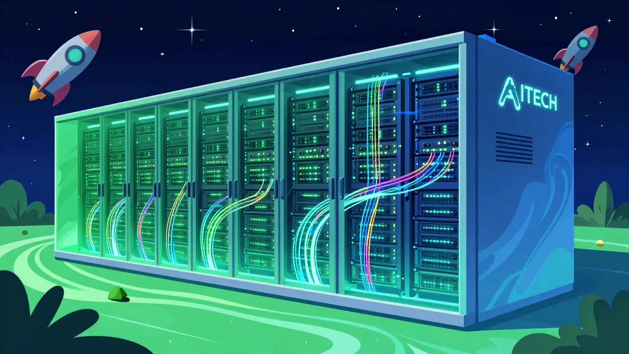 Vibrant Wes Wilson style art of an eco-friendly AI data center with glowing servers