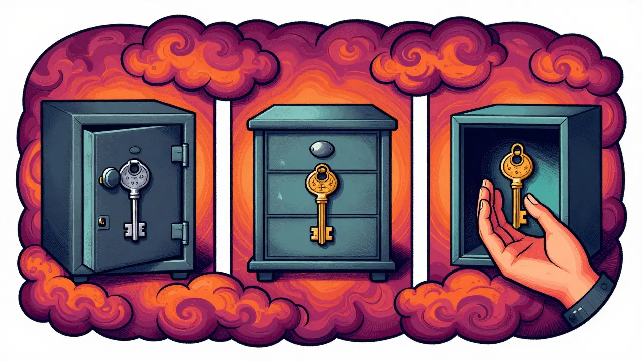 Wes Wilson style art showing keys stored in three separate secure locations