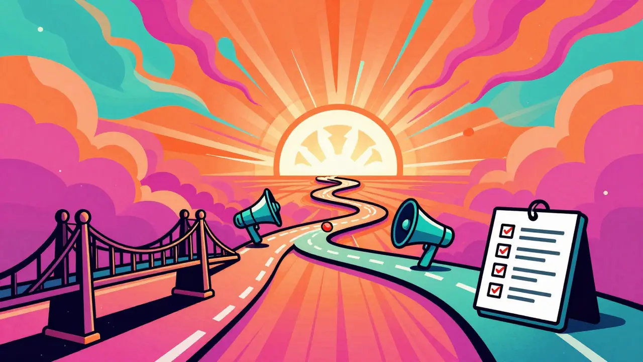 Wes Wilson style image showing a colorful path to crypto rewards and strategies