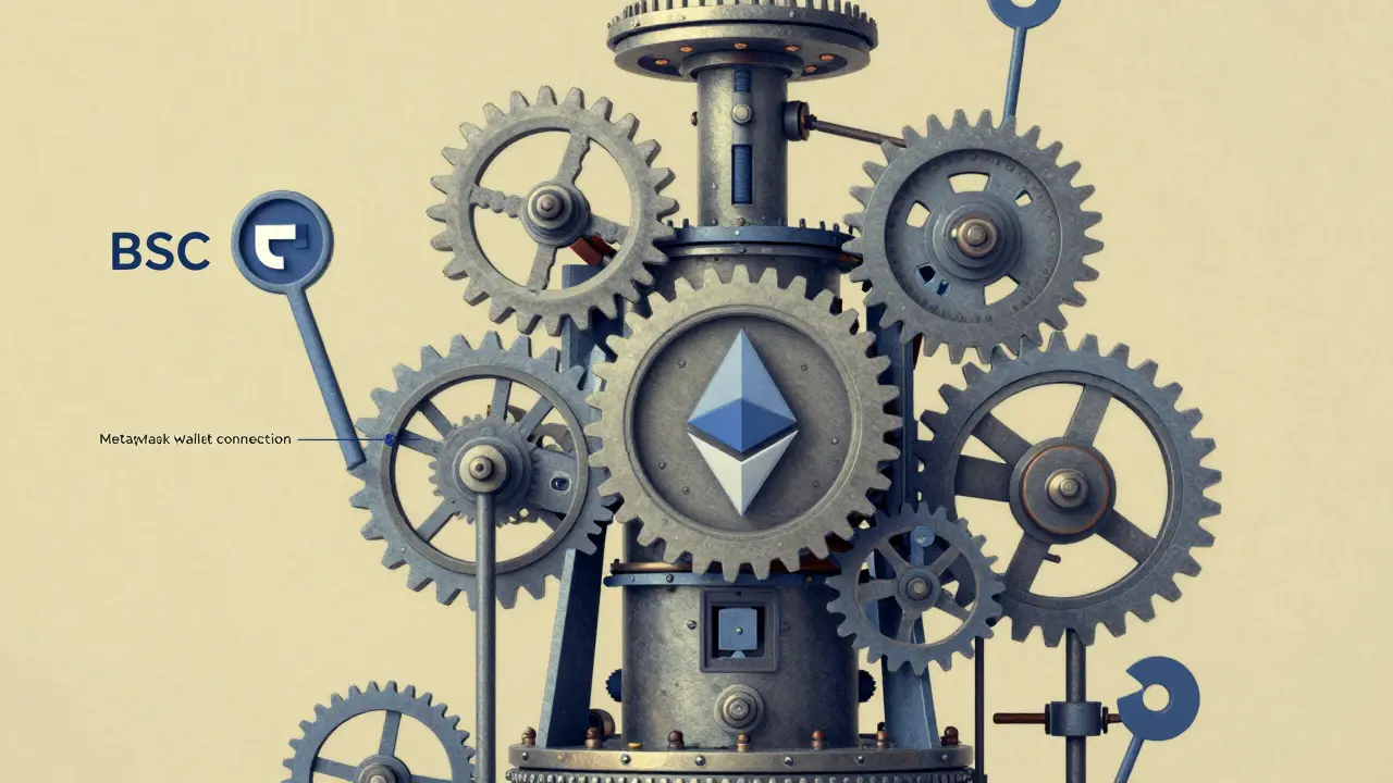 Whimsical machine illustrating complex crypto wallet network switching steps