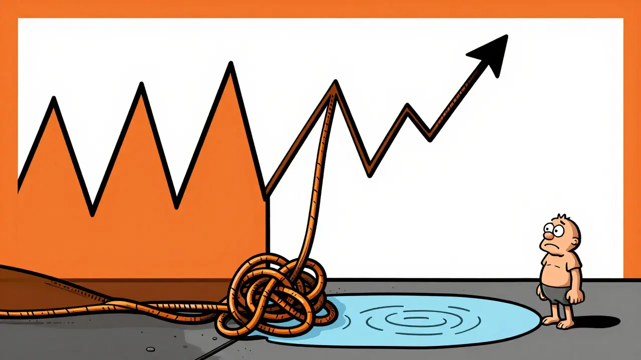 A chaotic, tangled price chart next to a nearly empty pool of water, showing high volatility and low liquidity.