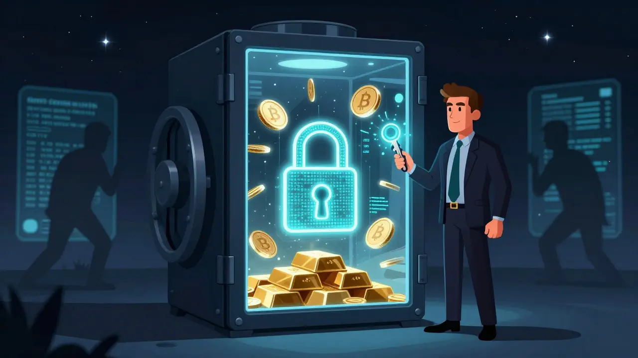A person holding a key next to a glass vault containing glowing crypto assets