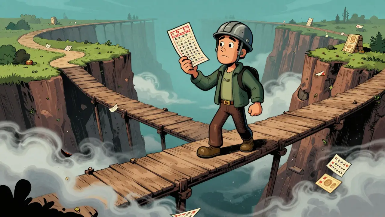A person holding a lottery ticket on a fragile bridge over an abyss, representing high-risk crypto trading.