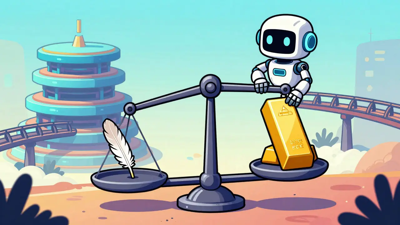 A scale balancing minor errors against major attacks, adjusted by a robot above layered network platforms