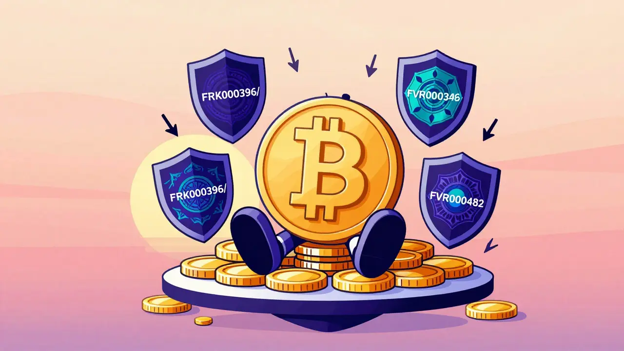 Abstract Bitcoin figure surrounded by security shields and low-fee symbols