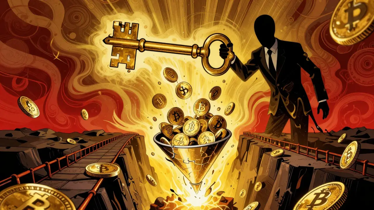 Artistic depiction of a custodian holding keys over a cracking funnel of digital assets, symbolizing risk.