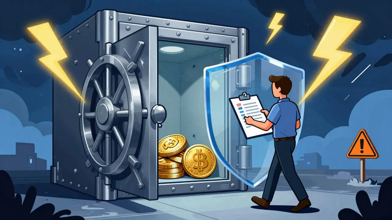 Cartoon depicting a secure vault protecting assets from external market storms