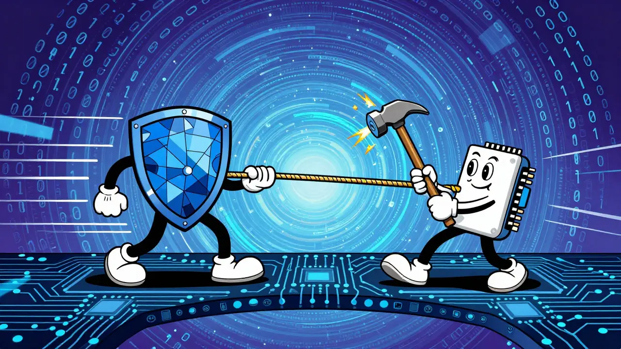 Cartoon depicting a tug-of-war between a shield and a chip hammer