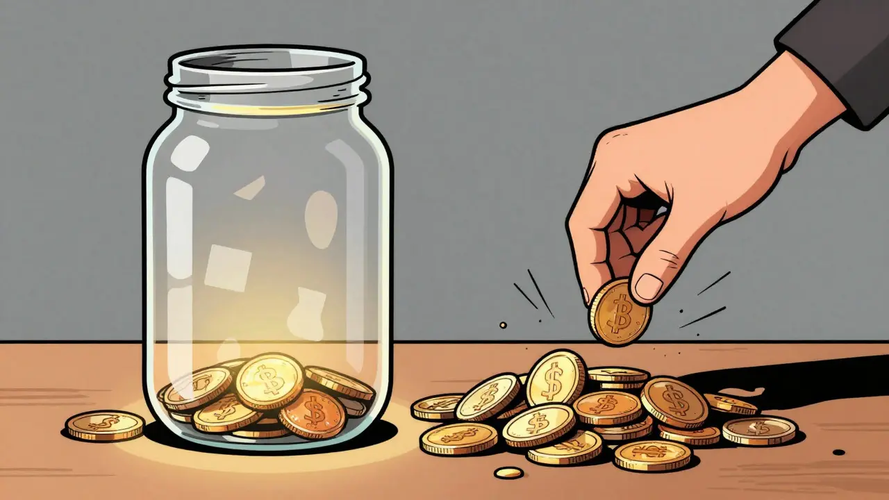 Cartoon illustration of an empty jar and spilling coins representing crypto liquidity issues