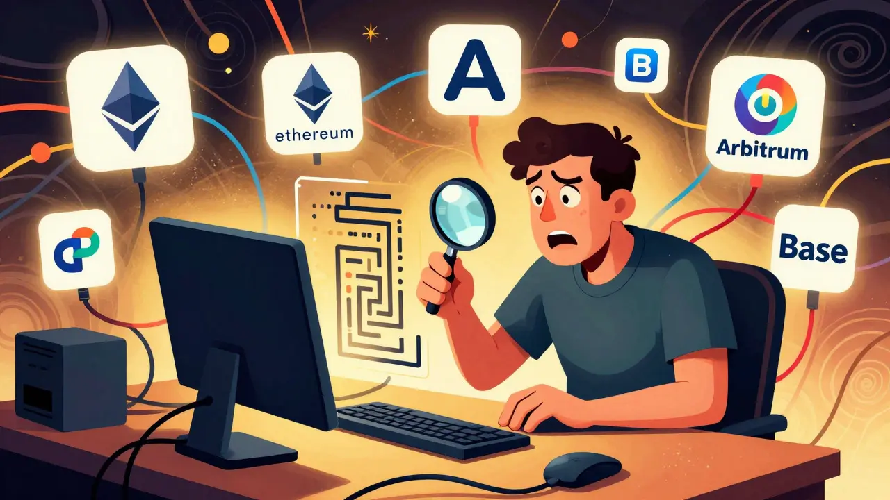 Cartoon of a trader analyzing open-source code amidst blockchain connections