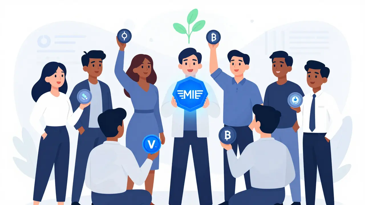 Cartoon scene of a community holding tokens together to represent governance