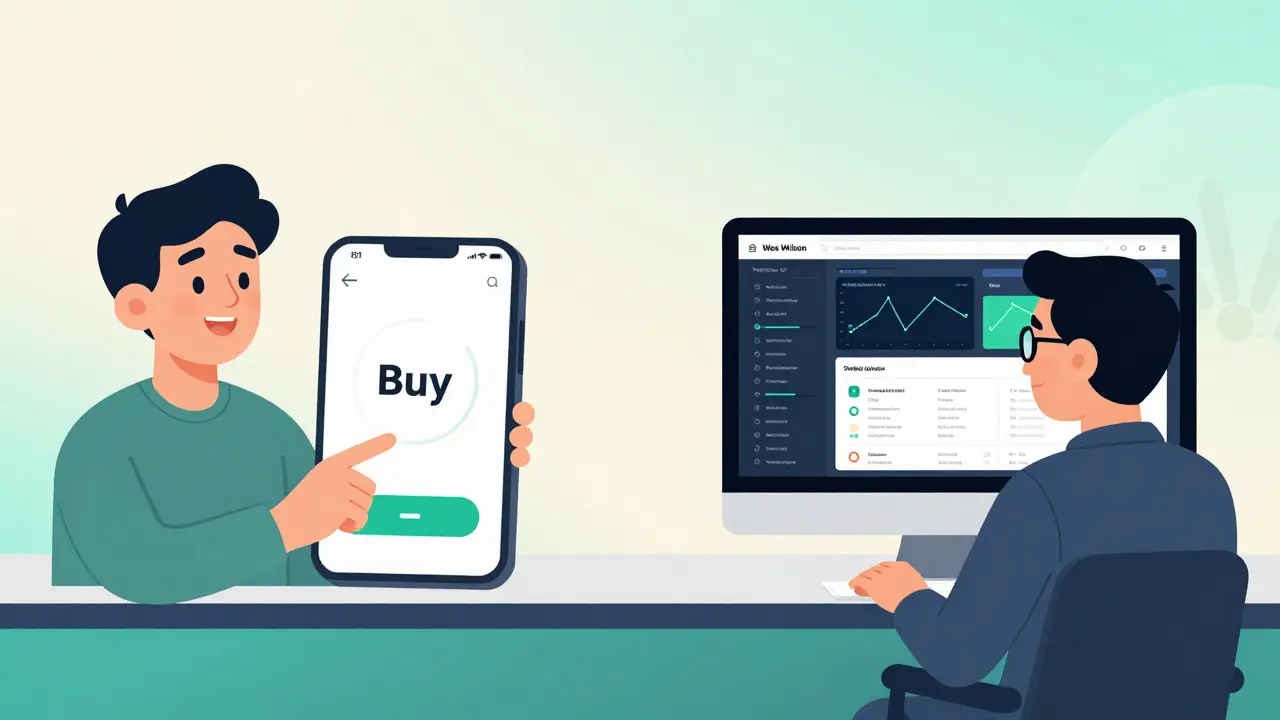 Cartoon showing a beginner and pro trader using a simplified exchange interface