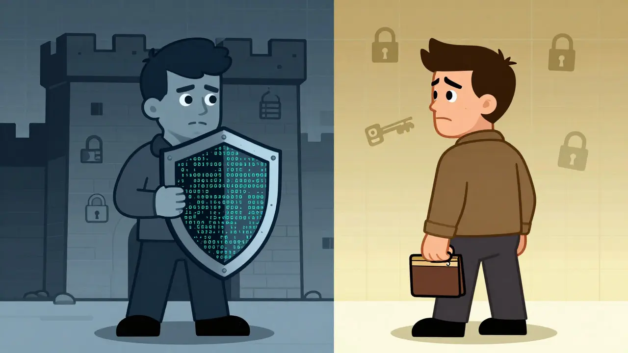 Cartoon split view showing a shield for security and a wallet for risk management