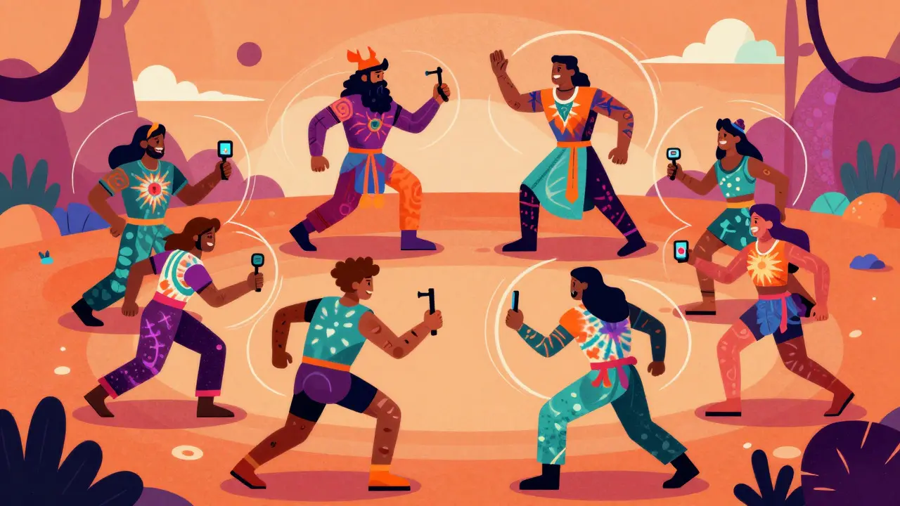 Colorful cartoon gods battling in a surreal digital arena