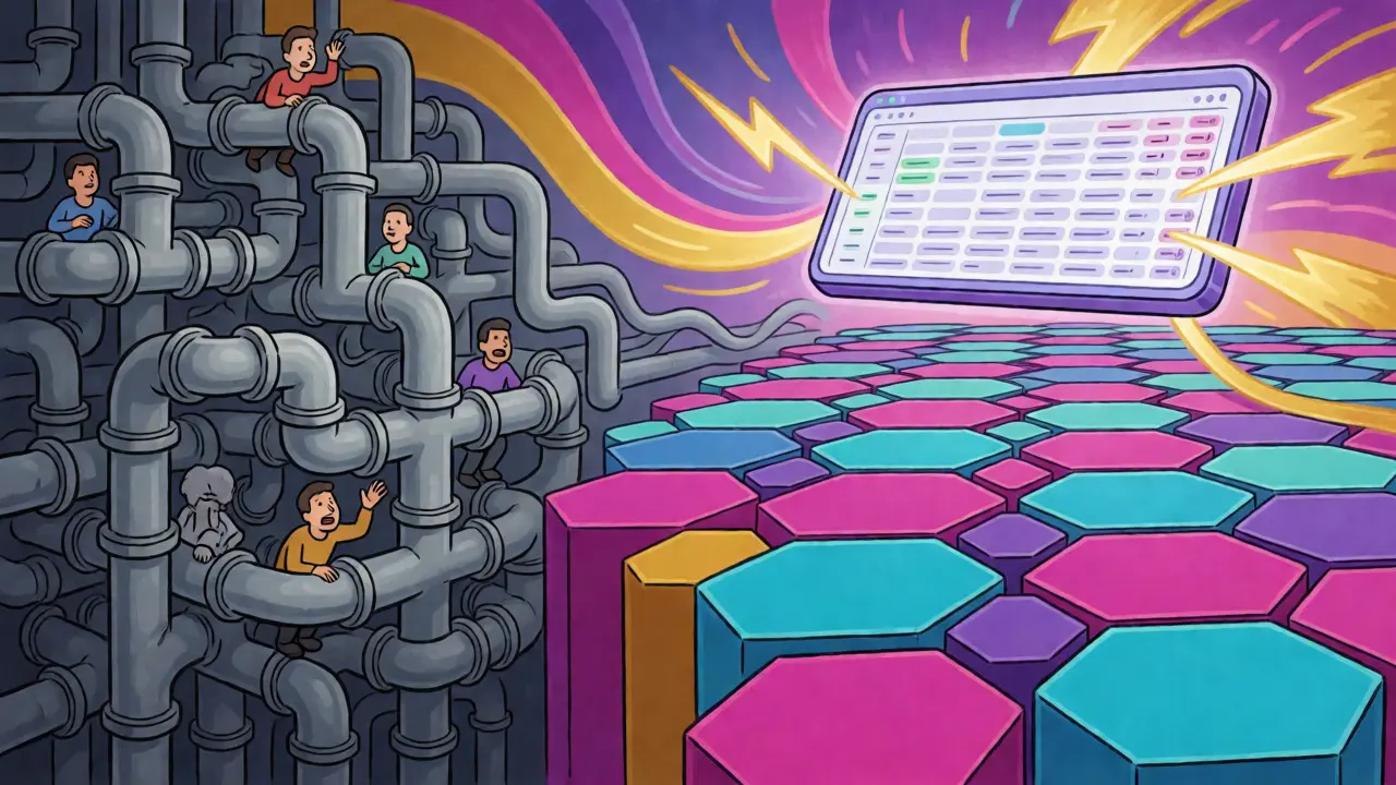 Contrast between tangled old networks and a structured, colorful new chain