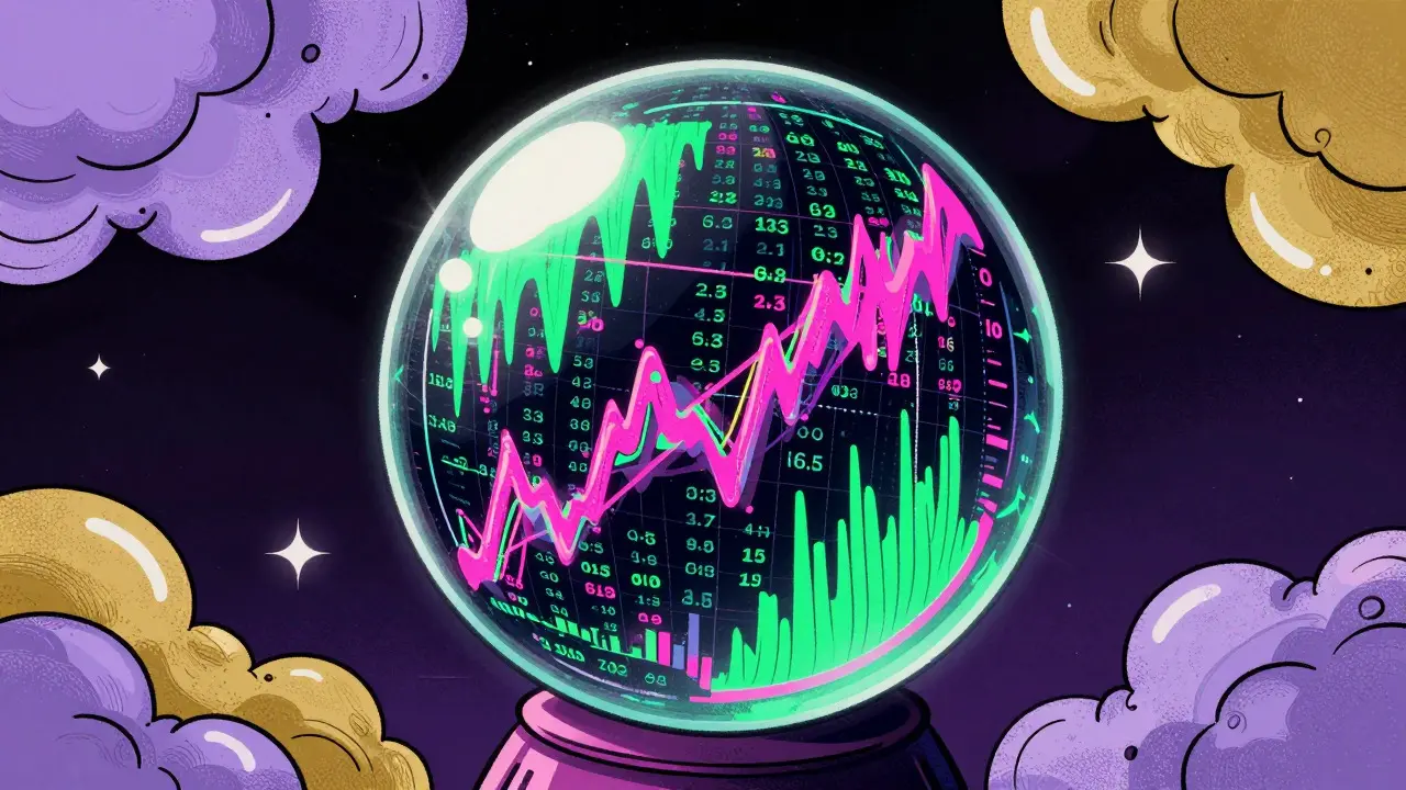 Crystal ball with swirling neon charts inside