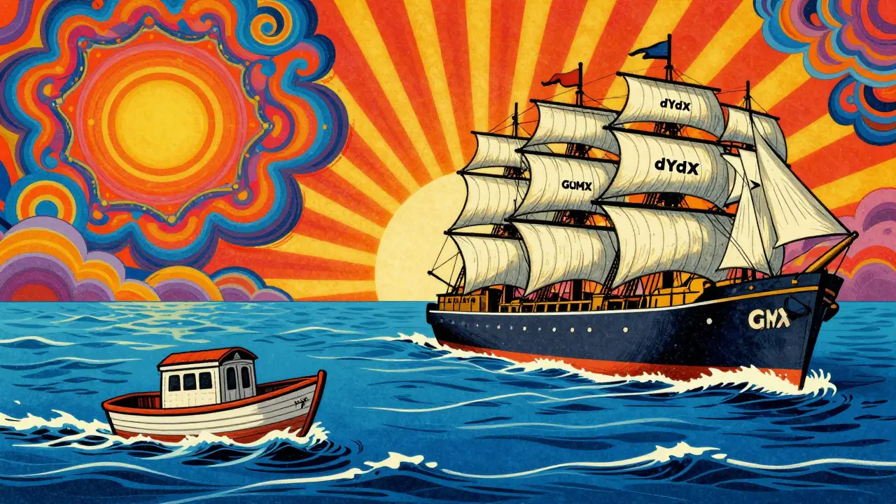 Illustration comparing small risky boat to large stable ships in crypto markets