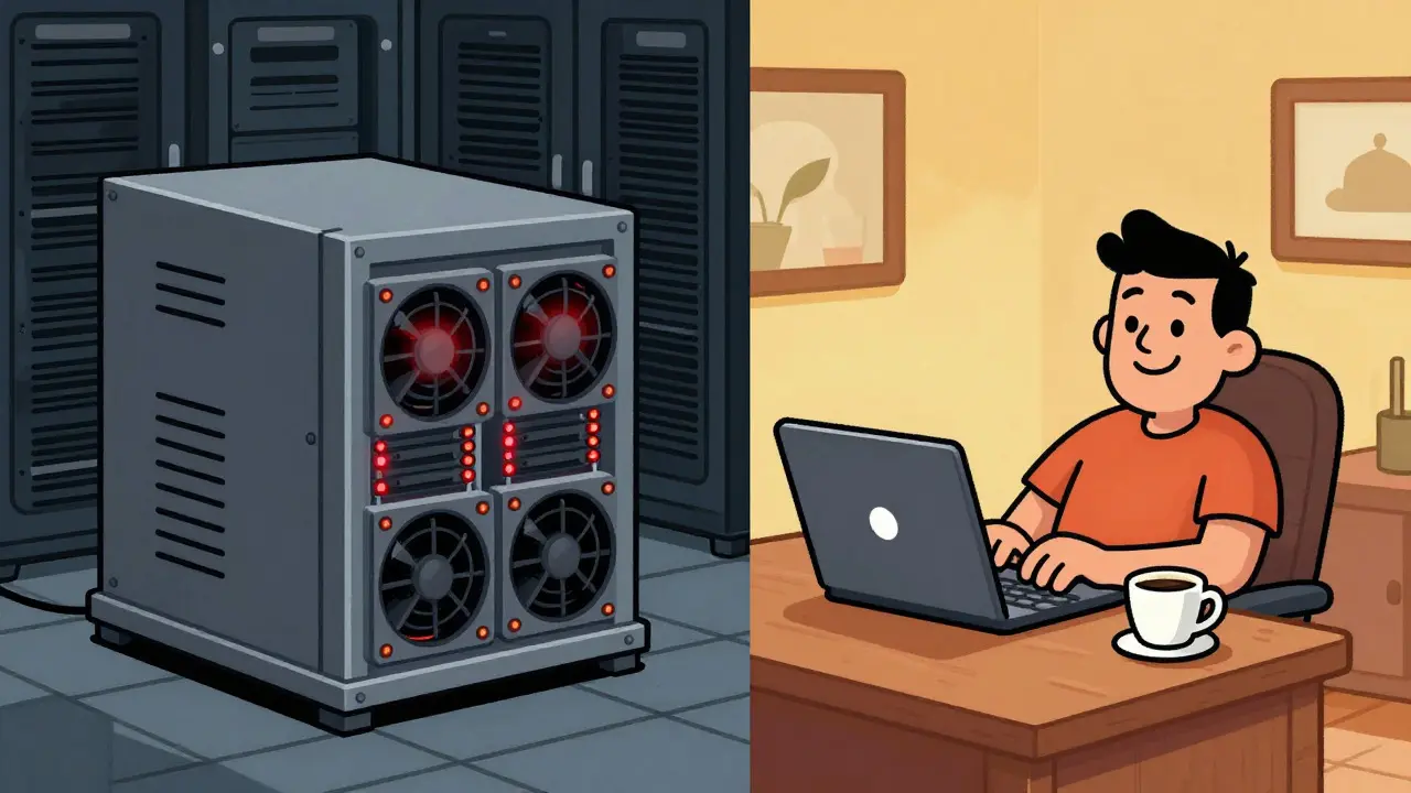 Illustration contrasting an industrial mining rig with a home laptop setup