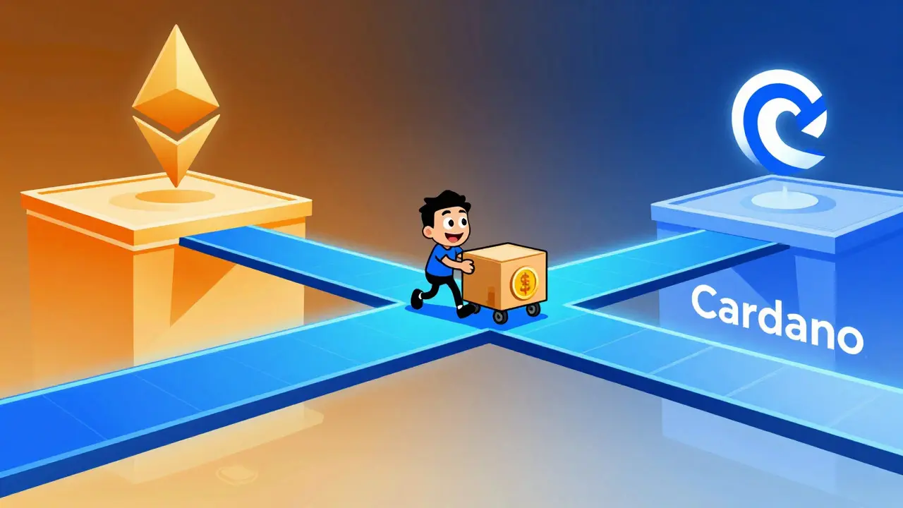 Illustration of a bridge connecting two blockchain networks for asset swapping