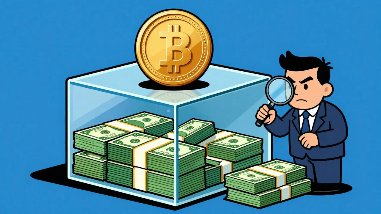 Illustration of a digital coin backed by cash and treasury bills in a glass box