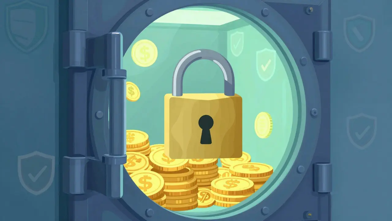 Illustration of a glass vault containing gold coins with a large padlock