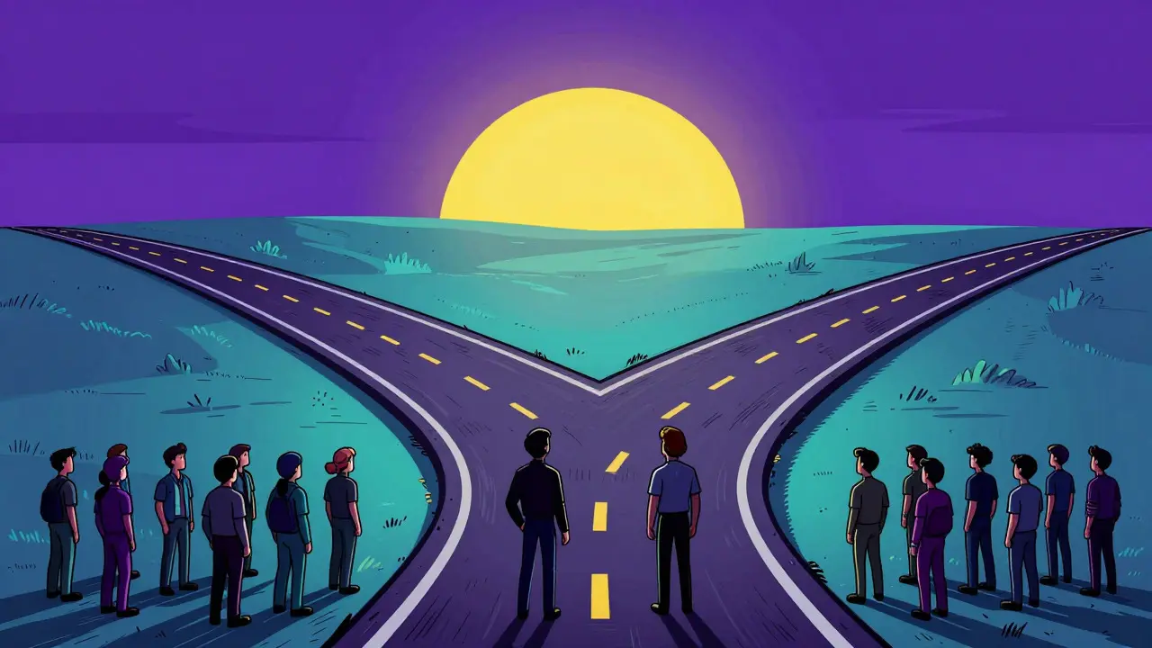 Illustration of a highway splitting into two paths representing a hard fork