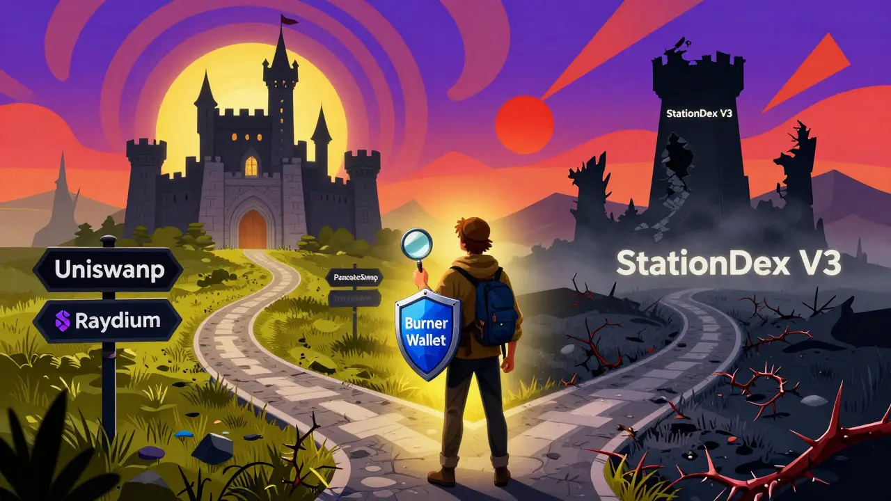 Illustration of a trader choosing between safe major exchanges and a risky obscure path