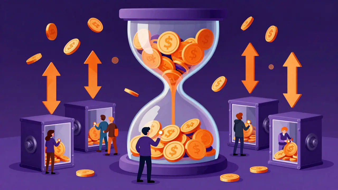 Illustration of characters staking tokens in vaults as rewards rain down