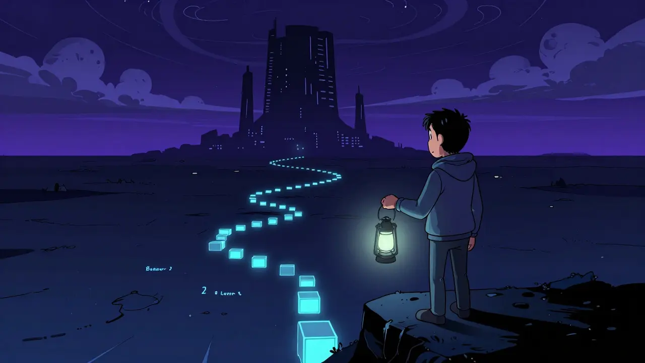 Lone figure holding a lantern on a digital path in Wes Wilson cartoon style