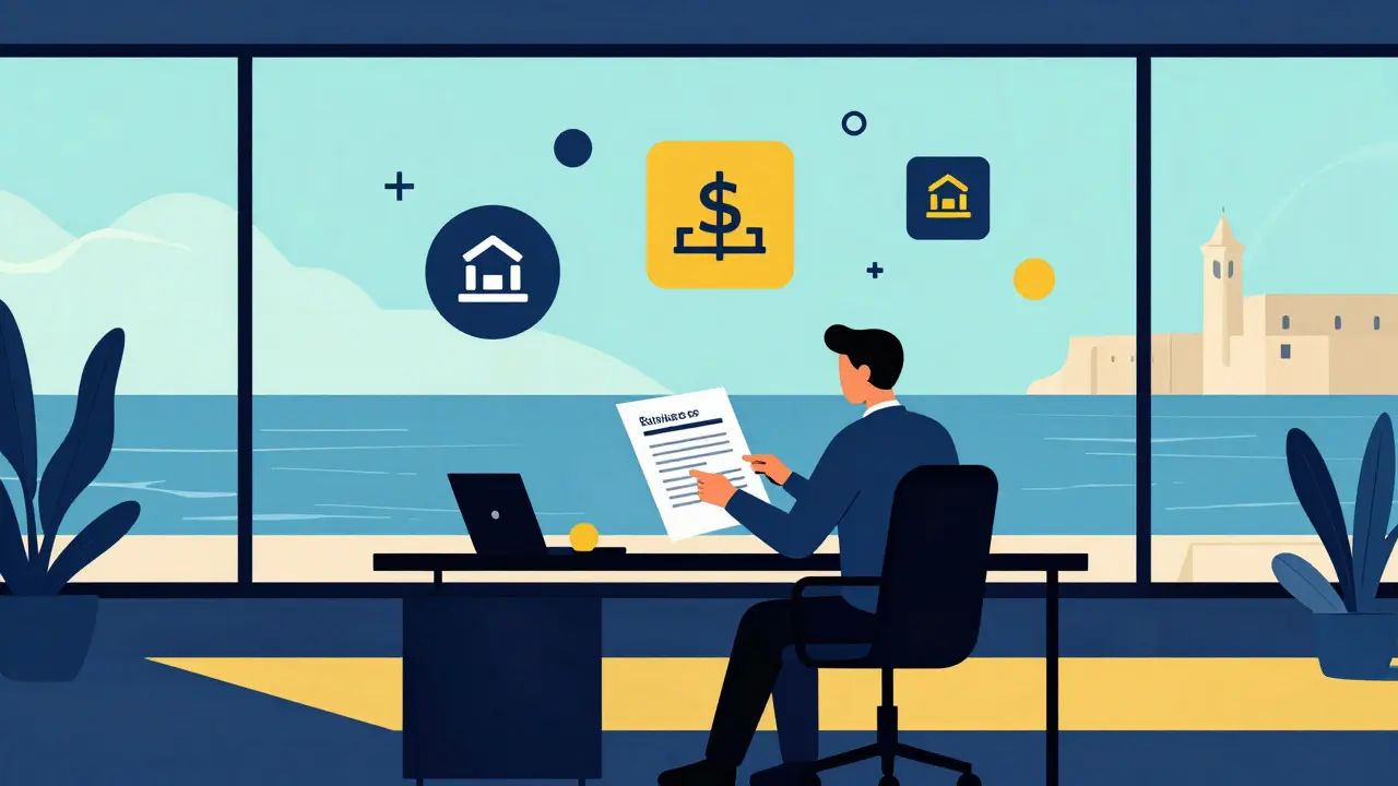Mid-century modern graphic of a professional in Malta reviewing residency documents near blockchain symbols.