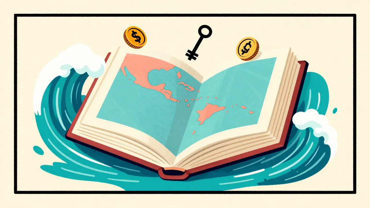 Psychedelic 60s style poster showing a passport revealing Caribbean islands for citizenship by investment.