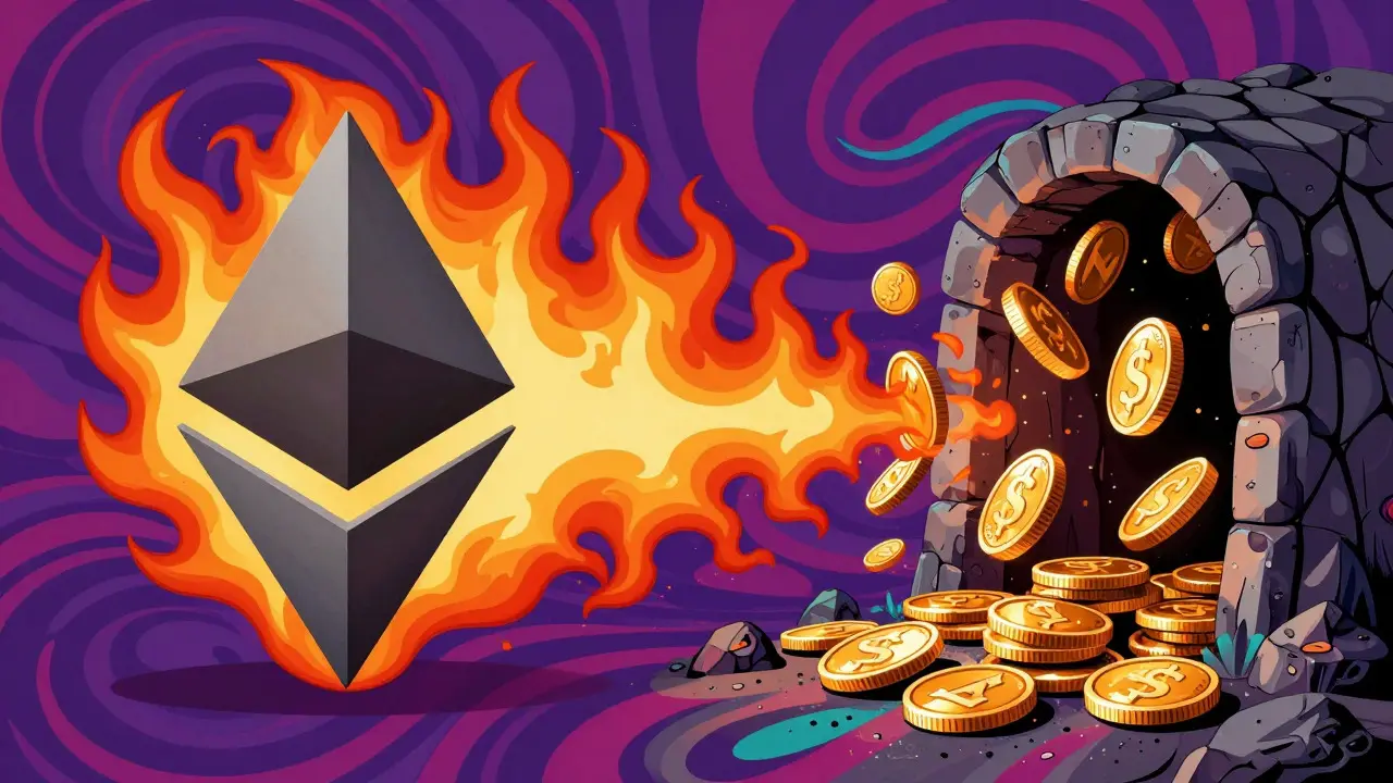 Psychedelic art of a crypto token being burned by flames while new ones are mined.