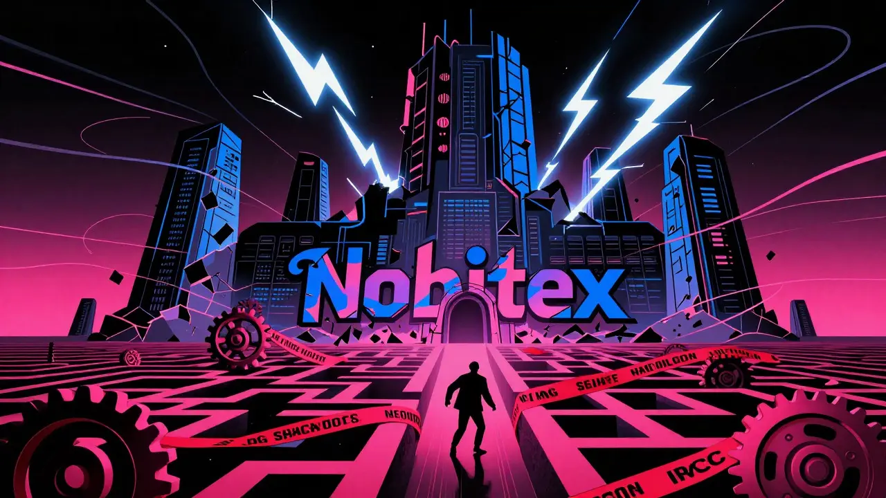 Retro illustration of a hacked exchange fortress under attack by lightning and bureaucracy.