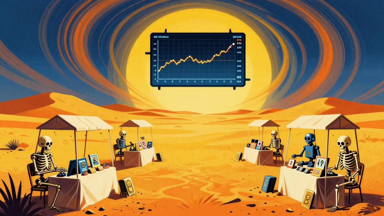 Retro illustration of an empty, dusty crypto trading floor