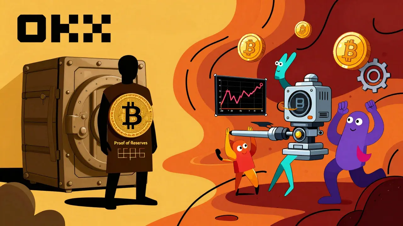 Retro illustration of OKX security and altcoin trading ecosystem